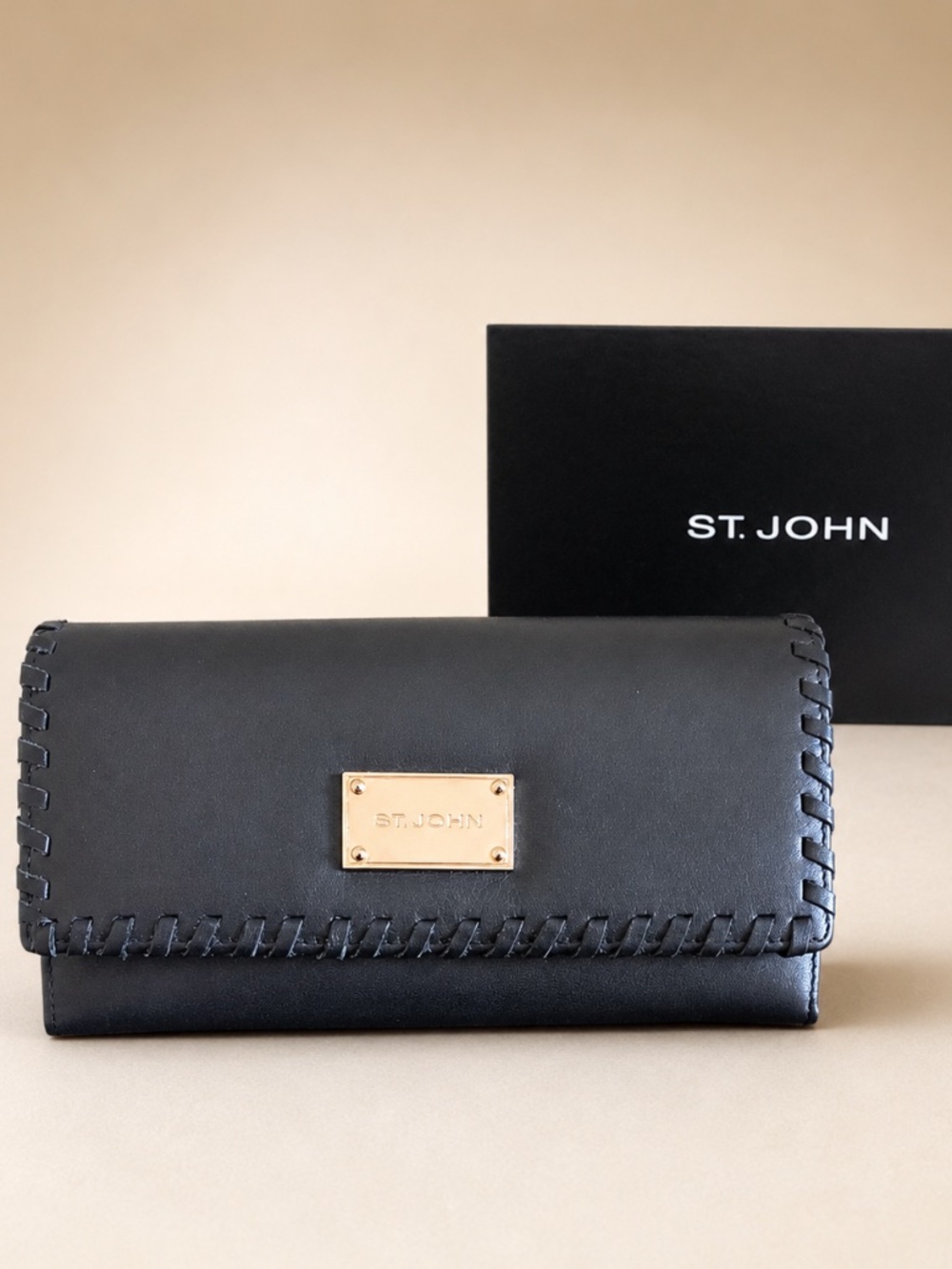 St. John Black Leather Whipstitch Continental Wallet